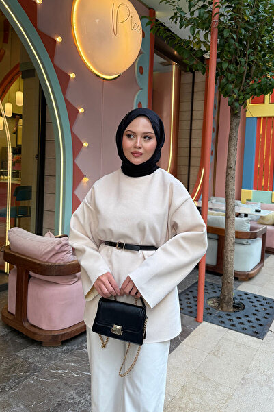 LOCCO Kadın Kemer Detay Tunik Krem