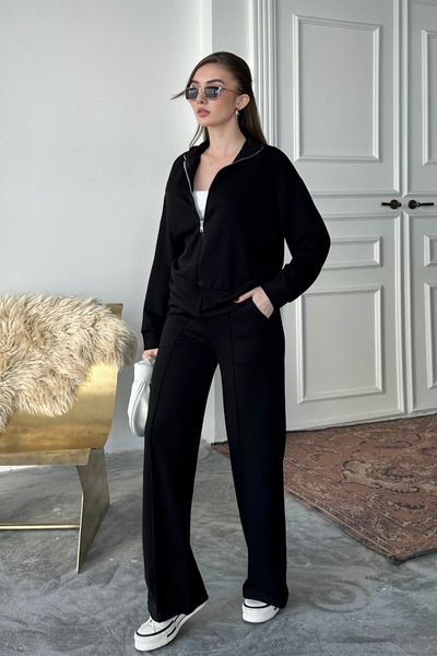 Mogi Butik Women's Modal Fabric Zippered Mock Neck Sets 3106