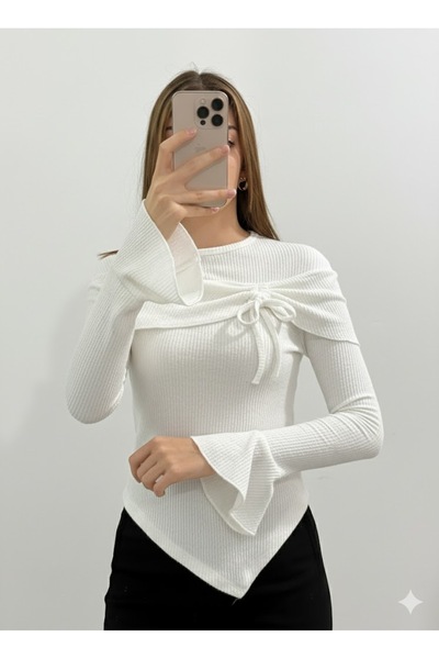 peri tower New Product Women's Wrinkled Crew Neck Asymmetrical Flounce Long Sleeve Blouse (Suitable for Hijab) 0038