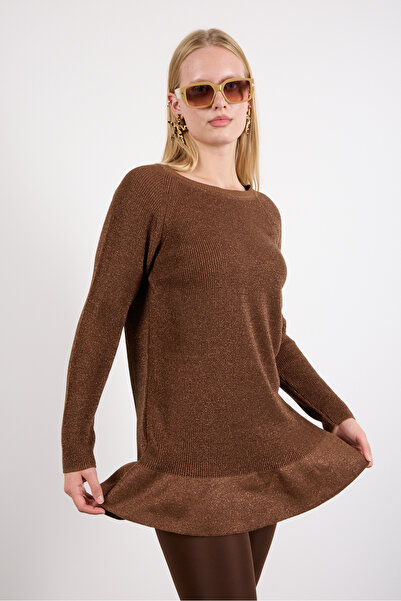 Moda Days Women's Brown Raglan Sleeve Frilly Hem Glitter Knit Sweater