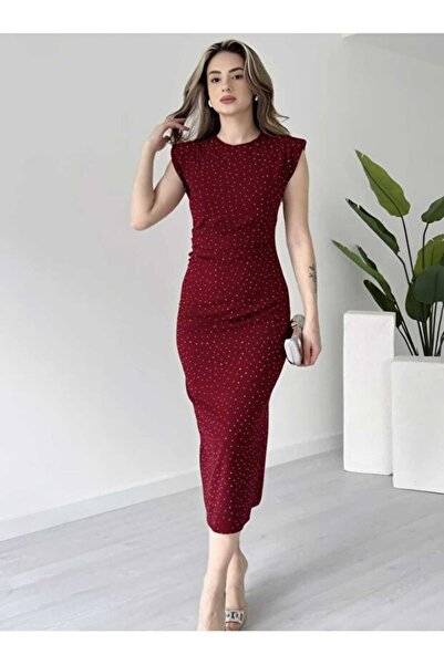 Nika Fashion Sıfır Kol Vatkalı Taşlı Krep Elbise