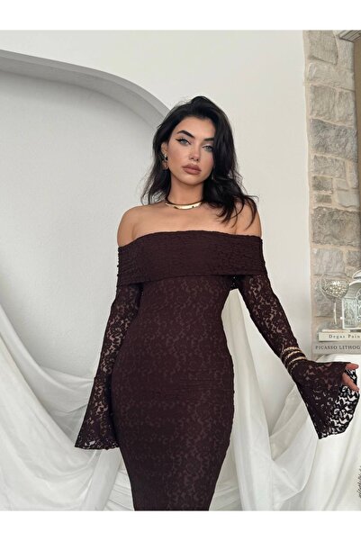 Berf Acı Kahve Madonna Yaka Astarlı Nişan Davet Dantel Elbise