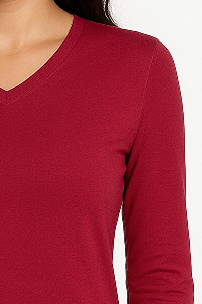 Hermevsim Women's Bade V-Neck Slim Fit Dark Red Combed Cotton Blouse