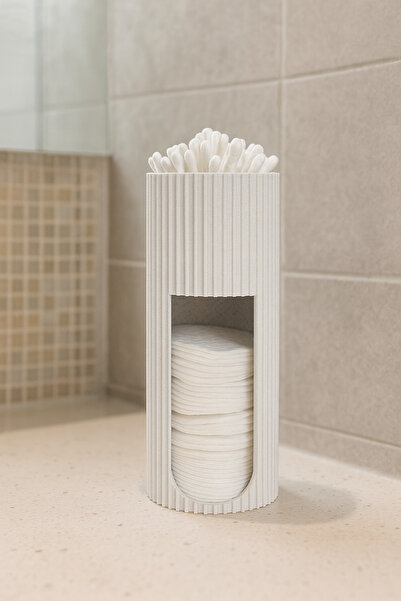 modu3d Modern Çizgili Kulak Çubuğu ve Makyaj Pamuğu Standı – Şık ve Pratik Dü...