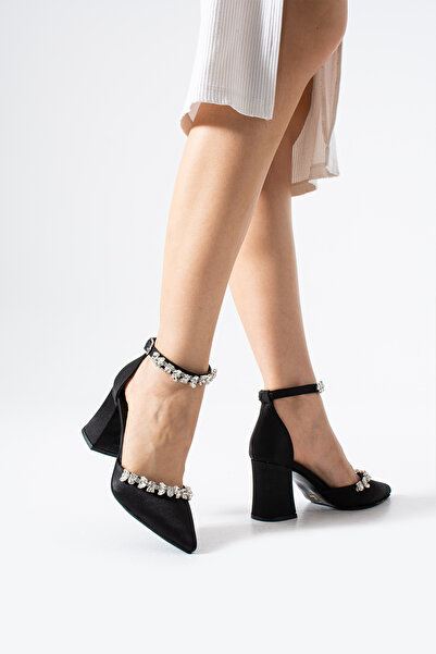 YARENAY Black Satin Ankle and Front Stone Heeled Shoes