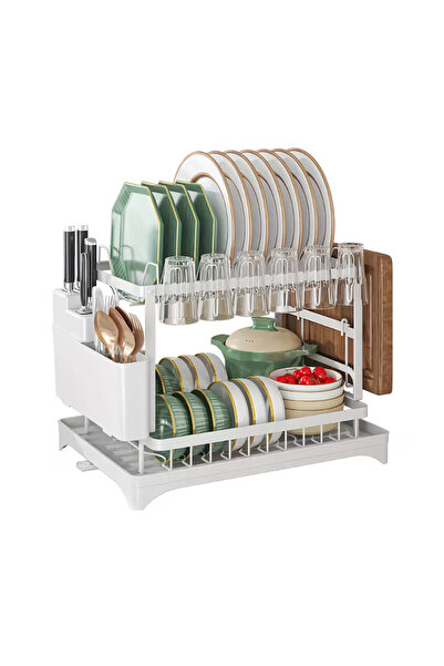 NEXTLY Dual-Layer Dish Rack with Utensil Holder and Drip Tray, White, 32x30x42cm
