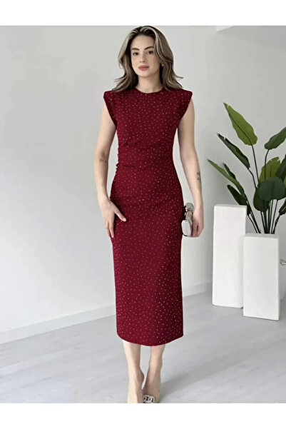 Nika Fashion Sıfır Kol Vatkalı Taşlı Krep Elbise