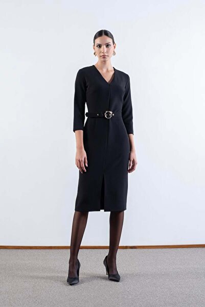 Spazio Tigerman V Yaka Fermuarlı Önde Yırtmaçlı Kemerli Elbise SİYAH