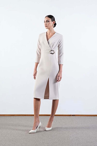 Spazio Ormea Kruvaze Belinde Toka Detaylı Yırtmaçlı Elbise TAŞ