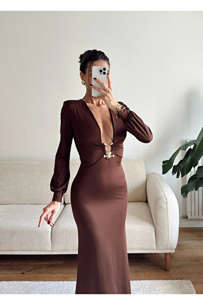 Zoom Butik Derin Dekolte Aksesuar Elbise - KAHVE