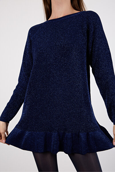 Moda Days Women's Dark Navy Raglan Sleeve Frilly Hem Glitter Knit Sweater