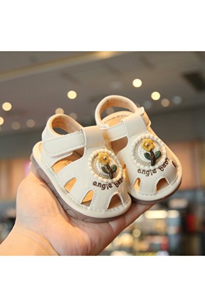 BebeNou Sandale ivory cu scârțâitor - Floare croșetată