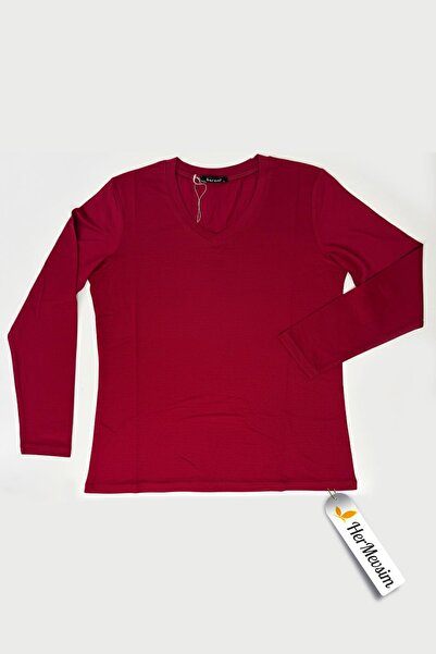 Hermevsim Women's Bade V-Neck Slim Fit Dark Red Combed Cotton Blouse