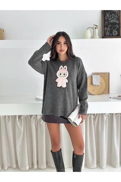 Jeevee Oversized Crew Neck Knit Sweater with Rabbit Figure