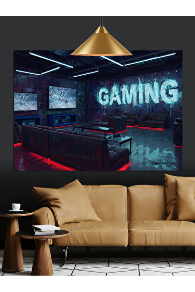 Tablo Mega Neon Işıklı Oyun Odası Gaming Dekoratif Kanvas - Mdf Ahşap Tablo
