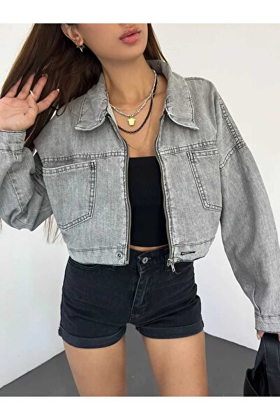 TuZeGiyim Zippered Double Pocket Crop Denim Jacket Women's Denim Jacket Color...