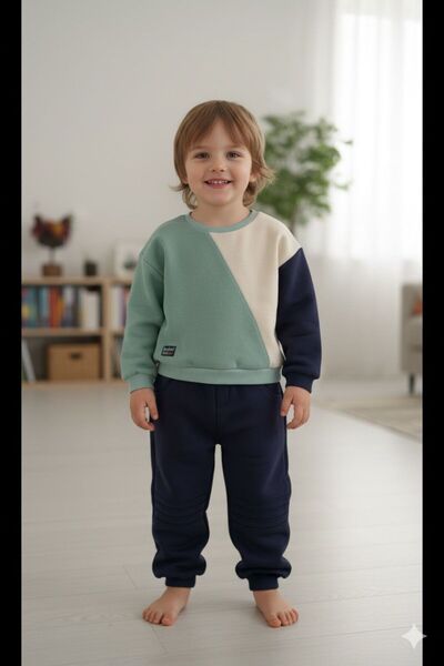 deluxe takı ve giyim Color Block Boys' Thick Inner Fleece Bottoming Top Set