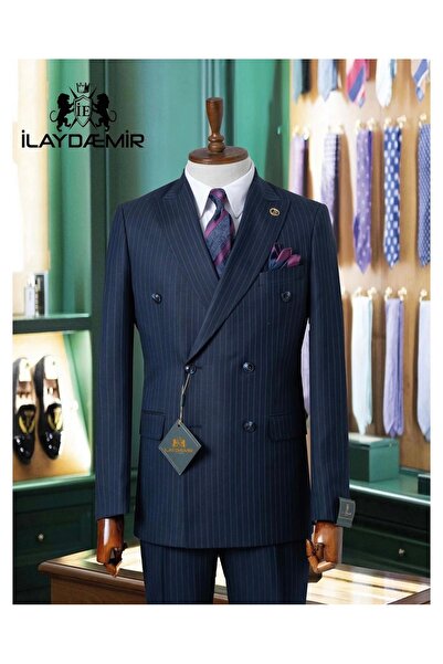 ilayda emir بدلة رجالية بأزرار على الجهتين باللون الأزرق الداكن مع خطوط زرقاء