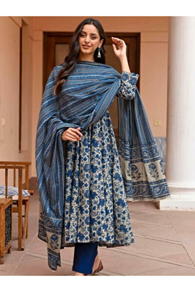MYSMAR Blue Rayon Salwar Kameez Dupatta - ALV1421 | Blue