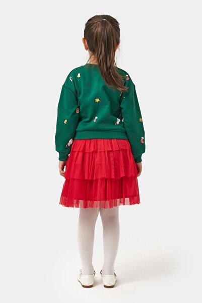 Magu Girl's Cotton Green Sweatshirt and Red Tulle Skirt Set - New Year's Concept