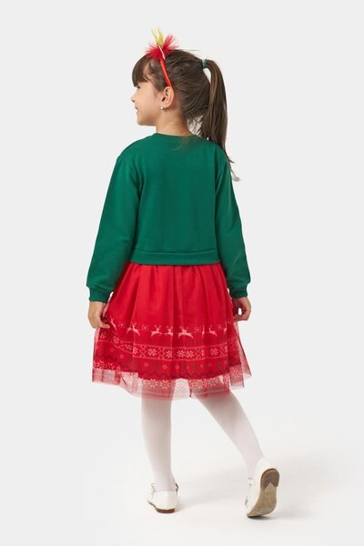 Magu Girl's Cotton Green Deer Patterned Sweatshirt and Red Tulle Skirt Set - New Year's Special Collection