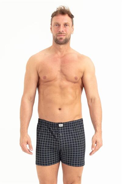OBJE Men's Anthracite Checkered Pattern Single Jersey Slim Fit Boxer