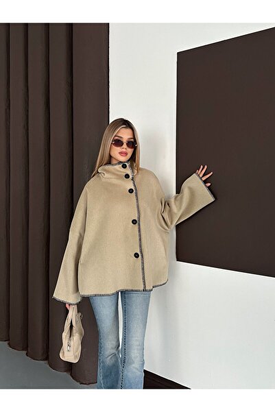 ParlaMira Women's Oversized Premium Cashmere High Collar Piped Button Jacket