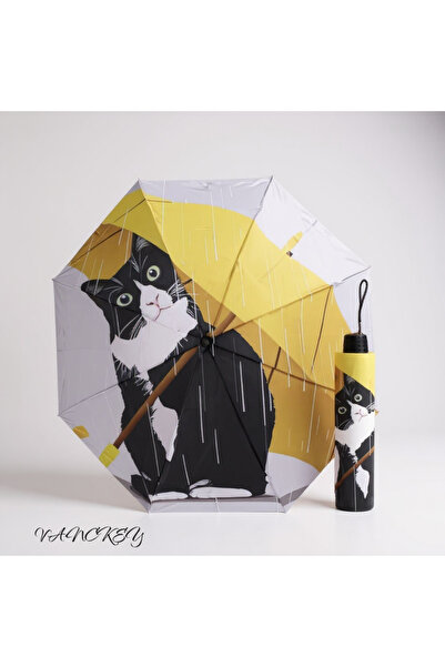 VANCKEY Kadın Şemsiyesi Smokin Kedi Desenli Şemsiye Rüzagara Karşı Dayanıklı Manuel Şemsiye 8 telli