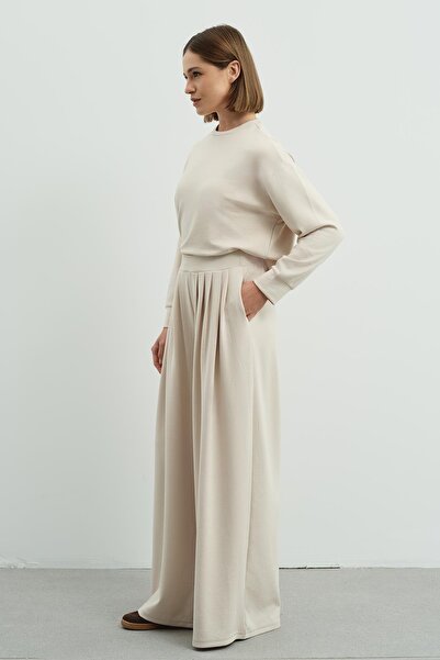 C&City Παντελόνι Pure Touch με πλισέ φαρδύ μπεζ χρώμα