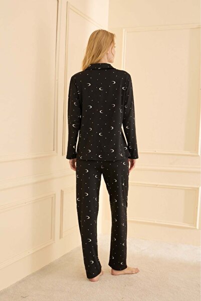 Mihra 19103R086 Moon and Star Patterned Front Buttoned Pajama Set