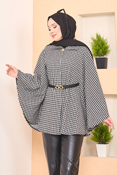 EBRUTESETTÜR Houndstooth Patterned Belted Hijab Poncho