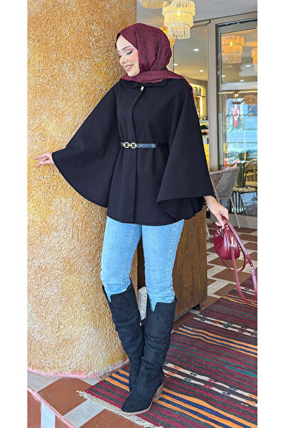 EBRUTESETTÜR معطف تشيستر بانشو للنساء المحجبات مع حزام وتفاصيل أزرار