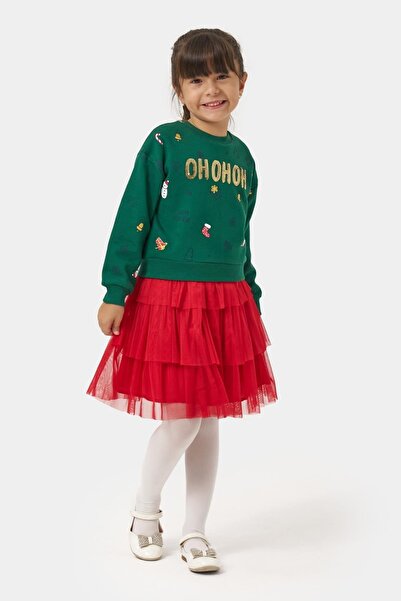 Magu Girl's Cotton Green Sweatshirt and Red Tulle Skirt Set - New Year's Concept