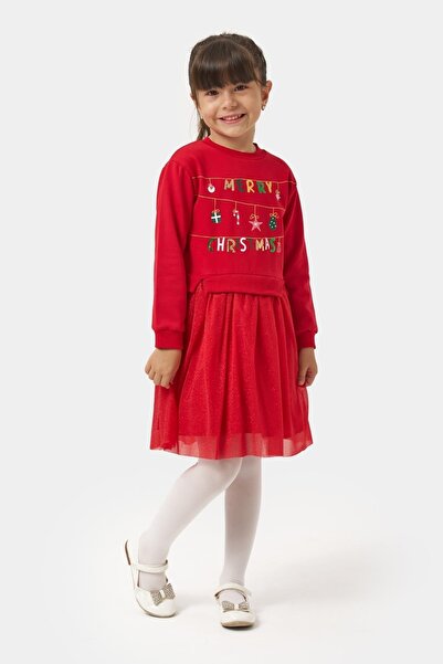 Magu Girl's Cotton Red New Year Themed Tulle Dress - Merry Christmas Printed