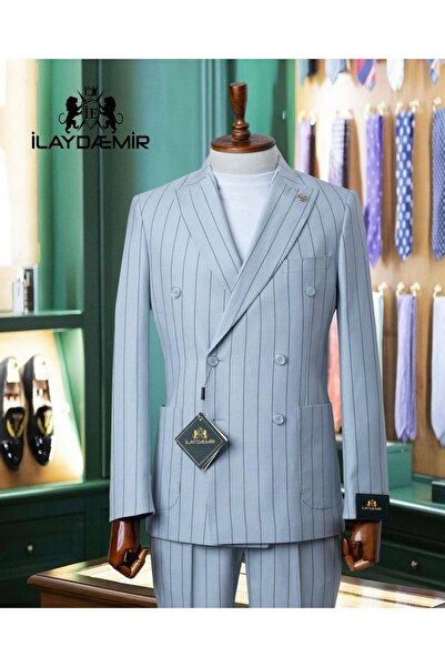 ilayda emir Blue Striped Men Double-Breasted Suits