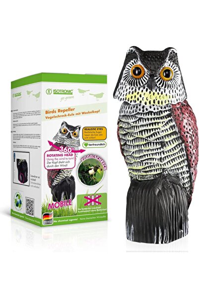 İsotronic Bird Repellent Owl Decoy – Rotating Head, Weatherproof, Deterrent for Birds and Rodents