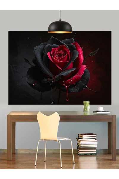 Artmeg Pânză decorativă cu detaliu de trandafir roșu pe fundal negru - Masă d...