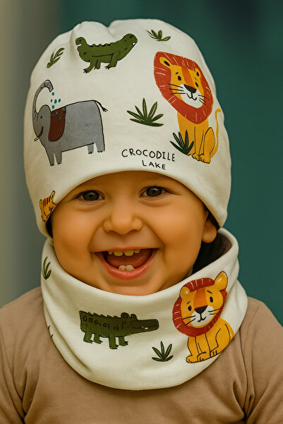 bitangosu Animal Patterned 100% Cotton Combed Cotton & Fleece Double-Sided Children's Beanie and Neck Collar Set