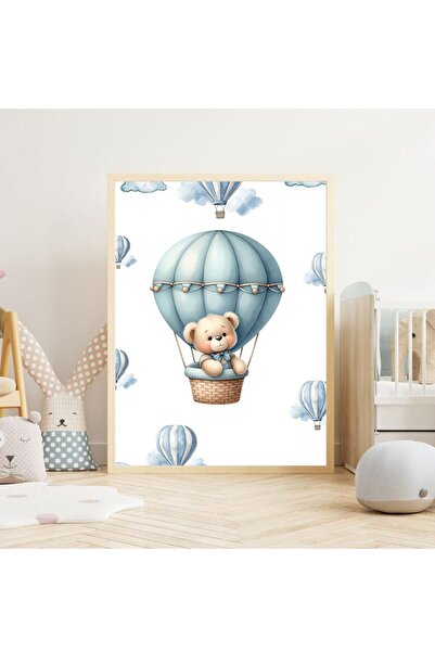 MRK Çocuk Bebek Odası Çerçevesiz Poster Tablo,Mavi Uçan Ayı Poster Tablo