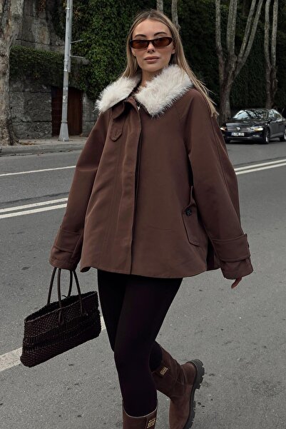 Swist Кафяво палто с кожени маншети и джобове, с голям размер, за жени