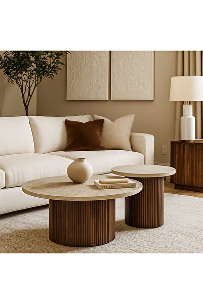 Vi Markets طقم طاولات دائرية بيج خشب بقاعدة خشبية- 2 قطعة