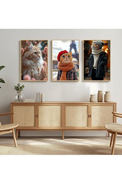 MRK 3'lü Çerçevesiz Kedi Poster Tablo Set ,Kedi Cat Poster Tablo