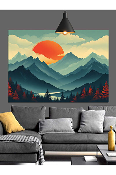 Artmeg Pânză decorativă cu peisaj minimalist Mountain Sun - Tablou din lemn MDF