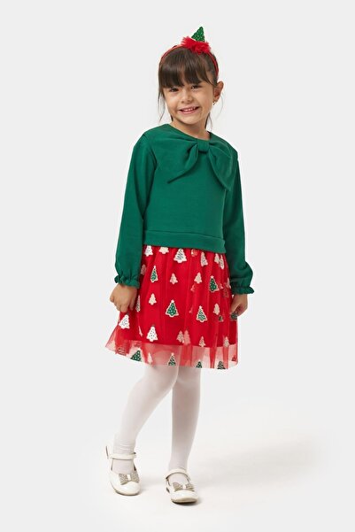 Magu Girl's Cotton Green Bow Long Sleeve Red Tree Patterned Tulle Dress - New Year Concept
