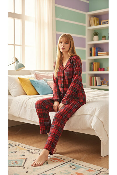 POLKAN Ekose Boydan Düğmeli Pijama Takım Süet Kumaş