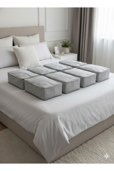 YELLOW STARY HOME DECOR 8'li Gri Çizgili Büyük Baza Alt&Çekyat Tipi Tela Hurç 65x45x22cm–Fermuarlı Saklama ve Düzenleme Hurç