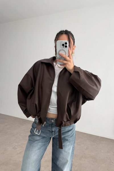 POP STORY Jachetă din piele premium Bomber supradimensionat pentru femei cu centură
