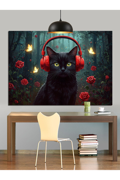 Artmeg Black Cat Headphones Music Decorative Canvas - Mdf Wood Painting