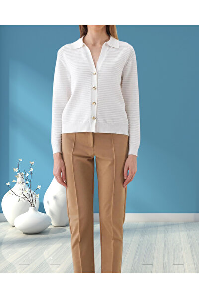 MinervaXint Women's White Oversized Shirt Collar Button Closure Self Textured Cardigan