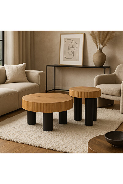 Vi Markets A luxurious, modern design table set with a prominent wooden top and elegant black cylindrical bases.